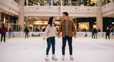 A couple ice skating during a Christmas date night in Orlando near Rosen Plaza.
