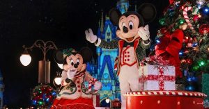 Mickey and Minnie Mouse at Mickey's Very Merry Christmas Party.
