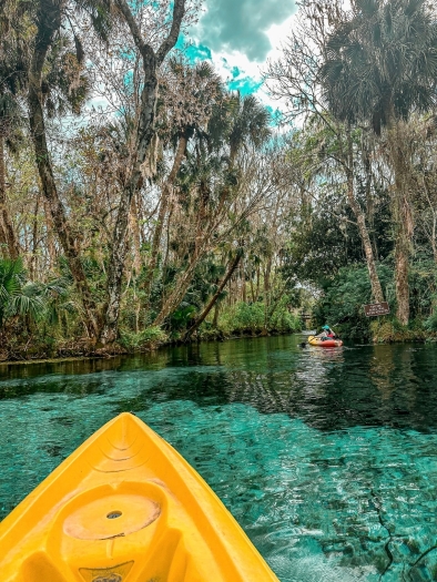 The front of a yellow kayak as it floats along clear blue water surrounded by mossy trees.