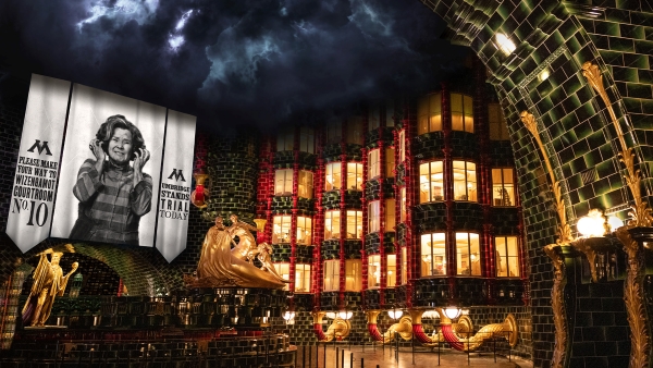 A dark indoor atrium with stories of glowing windows surrounded by black bricks, hanging posters with a woman in a striped jumpsuit, and a stormy sky overhead.