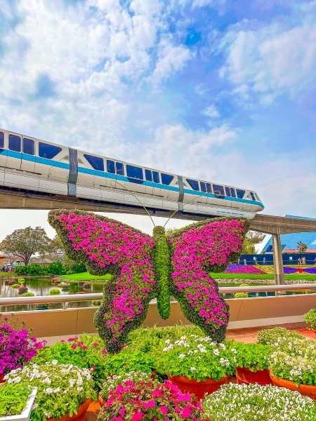 A nature sculpture of a butterfly in front of an in-motion monorail.
