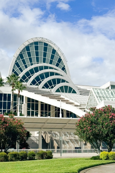 The architectural arch of the Orange County Convention Center in Orlando.