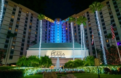 Orlando holiday lights brighten the evening sky at Rosen Plaza, near the best couples activities in Orlando.