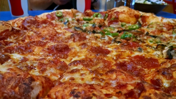Pizza with multiple toppings.