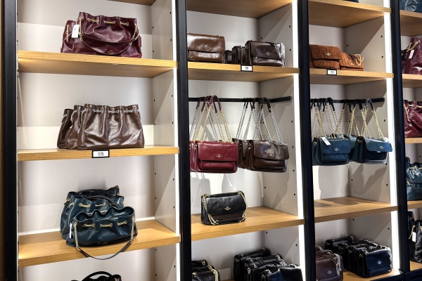 Display shelves of purses at the Orlando International Premium Outlets.