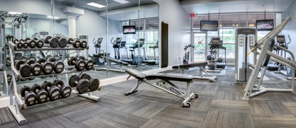 A photo of the fitness center at Rosen Plaza.
