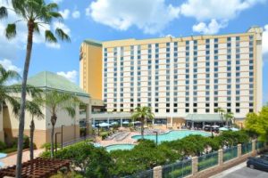 Rosen Plaza poolside, a view from the Gary Sain Memorial Skybridge.