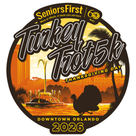 The logo for Senior's First Turkey Trot with Lake Eola fountain and a turkey.