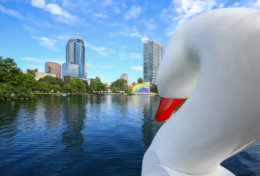 A view of Lake Eola, including the Walt Disney Amphitheater, from the view of one of the famous Swan Boats.